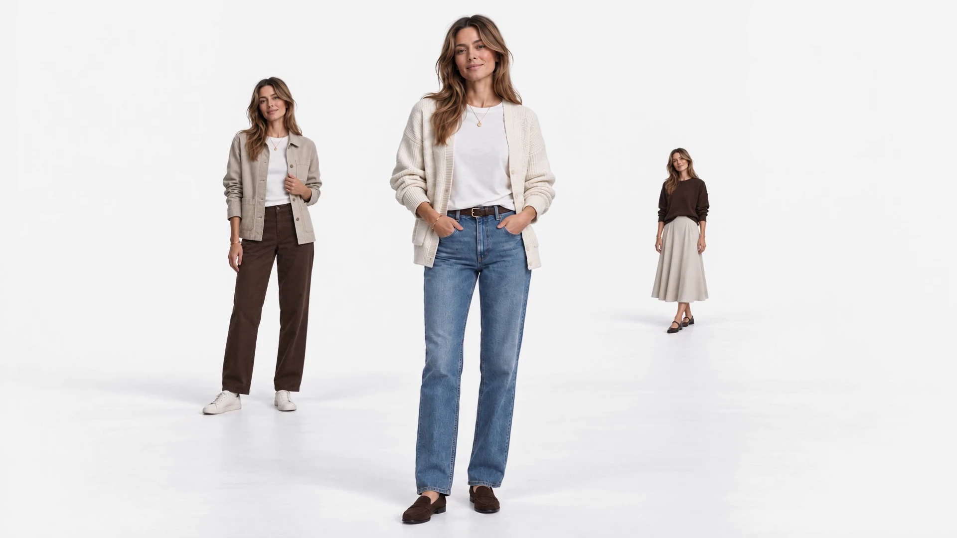 Three versions of Mara Vale wearing different combinations from her wardrobe.